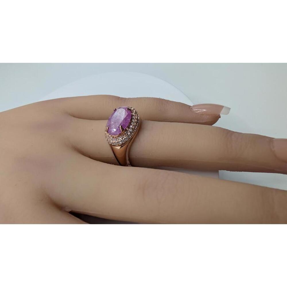 Elegant Pink Gemstone Silver Ring with Rose Gold Plating Size 6